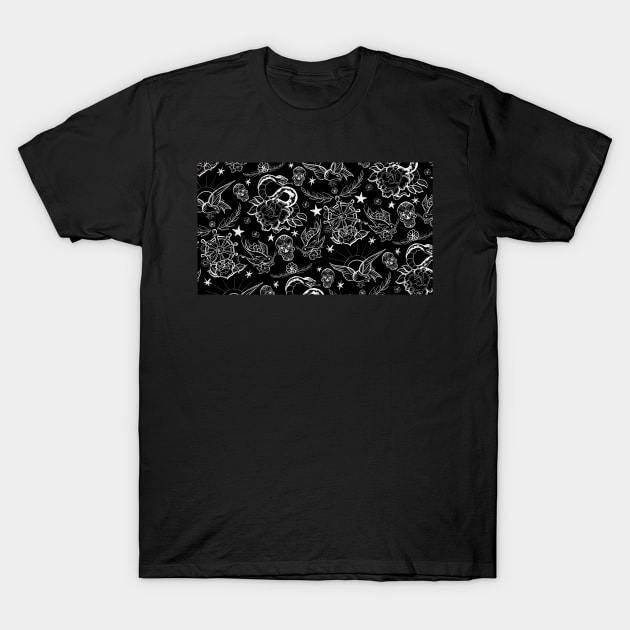 Black and White Inked Alternative Flash Pattern T-Shirt by IrenesGoodies